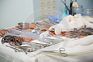 Medical instruments in the surgical operating room before surgery.