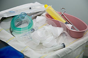 Medical instruments in the surgical operating room before surgery.