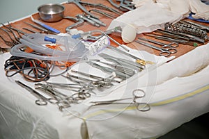 Medical instruments in the surgical operating room before surgery.