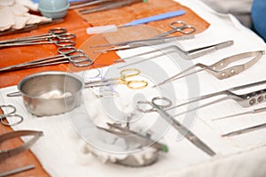 Medical instruments in the surgical operating room before surgery.