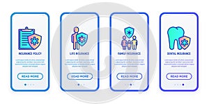 Medical insurance app: policy, life, family, dental thin line icons. Modern vector illustration for mobile user interface on