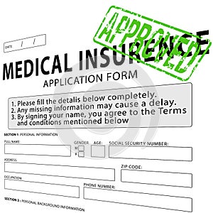Medical insurance application form with green approved stamp