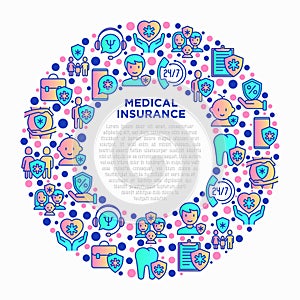 Medical insurance concept in circle thin line icons: policy, life insurance, psychological support, maternity program, 24/7