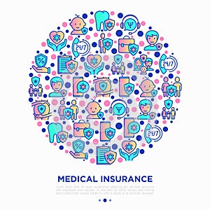 Medical insurance concept in circle thin line icons: policy, life insurance, psychological support, maternity program, 24/7