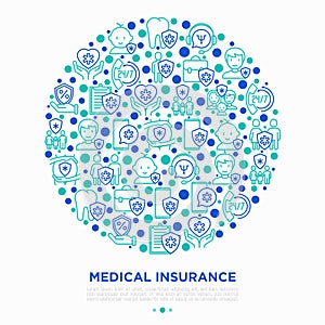 Medical insurance concept in circle thin line icons: policy, life insurance, psychological support, maternity program, 24/7