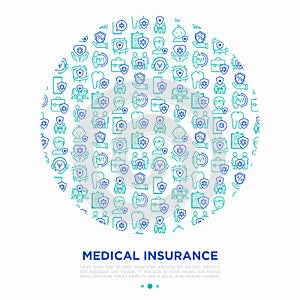 Medical insurance concept in circle thin line icons: policy, life insurance, psychological support, maternity program, 24/7