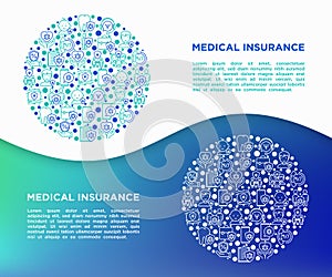 Medical insurance concept in circle thin line icons: policy, life insurance, psychological support, maternity program, 24/7