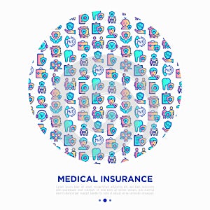 Medical insurance concept in circle thin line icons: policy, life insurance, psychological support, maternity program, 24/7