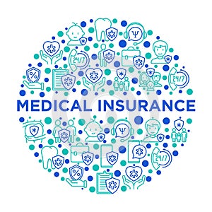 Medical insurance concept in circle thin line icons: policy, life insurance, psychological support, maternity program, 24/7