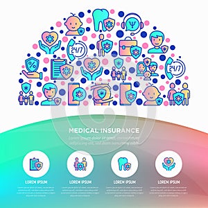 Medical insurance concept in half circle with thin line icons: policy, life insurance, psychological support, maternity program,