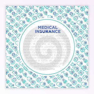 Medical insurance concept with thin line icons: policy, life insurance, maternity program, 24/7 support, mobile app, telemedicine