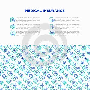 Medical insurance concept with thin line icons: policy, life insurance, maternity program, 24/7 support, mobile app, telemedicine