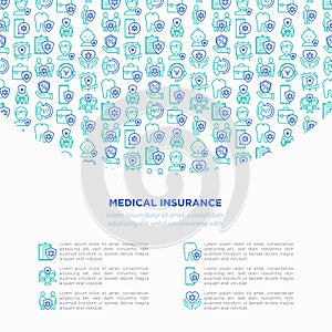 Medical insurance concept with thin line icons: policy, life insurance, maternity program, 24/7 support, mobile app, telemedicine