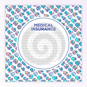 Medical insurance concept with thin line icons: policy, life insurance, maternity program, 24/7 support, mobile app, telemedicine