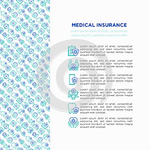 Medical insurance concept with thin line icons: policy, life insurance, psychological support, maternity program, 24/7 support,