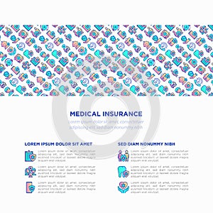 Medical insurance concept with thin line icons: policy, life insurance, psychological support, maternity program, 24/7 support,