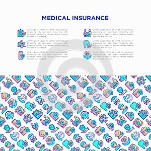Medical insurance concept with thin line icons: policy, life insurance, psychological support, maternity program, 24/7 support,