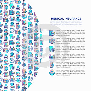 Medical insurance concept with thin line icons: policy, life insurance, psychological support, maternity program, 24/7 support,