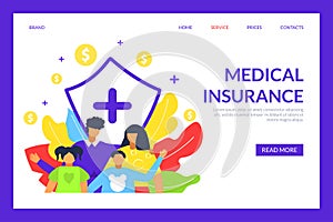 Medical insurance for flat family health care, web page vector illustration. Hospital business document for life