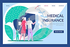 Medical insurance, health care, protection for flat family, web page concept, vector illustration. Man woman character