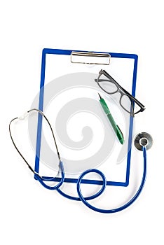 Medical insurance and healthcare concept, clipboard glasses and