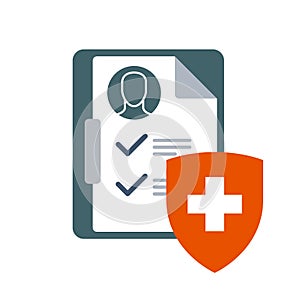 Medical insurance icon - clinical chart or dossier and shield and cross