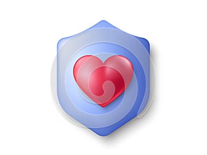 Medical insurance icon. Shield with 3d heart. Healthcare protection sign. Health defense. Vector