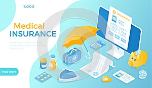 Medical Insurance. Life insurance, protection of health, health plan. Contract document, policy, filling medical form. Isometric