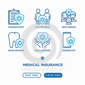 Medical insurance thin line icons set: policy, life insurance, dental program, family medicine, telemedicine. Modern vector