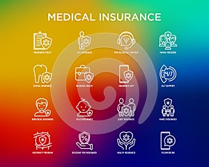 Medical insurance thin line icons set: policy, life insurance, psychological support, maternity program, 24/7 support, mobile app