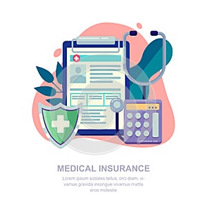 Medical insurance vector flat illustration. Medicine and healthcare concept