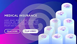 Medical insurance web page template with thin line isometric icons: policy, life insurance, psychological support, maternity