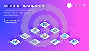 Medical insurance web page template with thin line isometric icons: policy, life insurance, psychological support, maternity