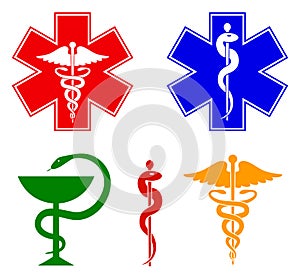 Medical international symbols set. Star of life, staff of Asclepius, caduceus, bowl with a snake. Isolated symbols on photo