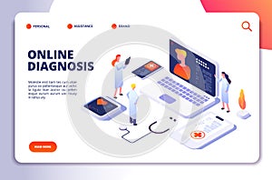 Medical isometric concept. Diagnosis with online patient and doctor, tele medicine exam. Healthcare vector landing page