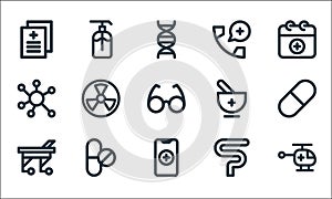 medical items line icons. linear set. quality vector line set such as helicopter, smartphone, stretcher, intestine, no drugs,