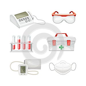 Medical laboratory equipment set. Ecg machine, test tubes with blood, first aid kit, medical face mask, tonometer