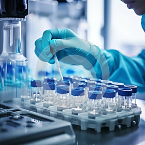 Medical laboratory research, chemist or researcher in gloves. Medicine healthcare pharma production lab laboratory science