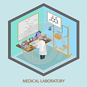 Medical laboratory scientist, test tubes, flasks, medicine.
