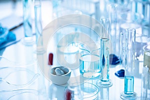 Medical laboratory test tube in chemistry biology lab test. Scientific research and development and healthcare concept background