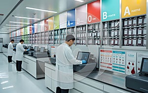 A Medical Laboratory with Three Male Technicians in White Lab Coats