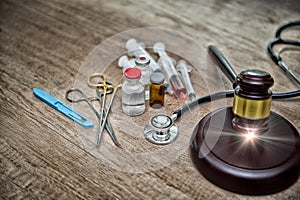 Medical law and a judge gavel on desk in the library