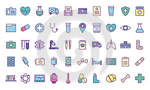 Medical line and fill style icon set vector design