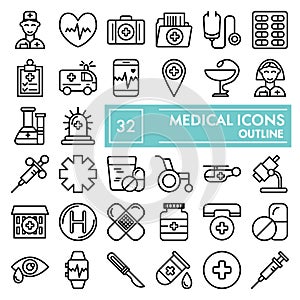 Medical line icon set, medicine symbols collection, vector sketches, logo illustrations, pharmacy signs linear