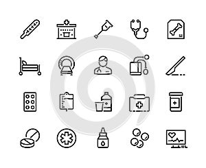 Medical line icons. Healthcare and insurance, prescription and different pills, pharmacy drugs symbols. Vector clinic