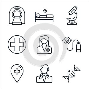 Medical line icons. linear set. quality vector line set such as dna, doctor, placeholder, oxygen mask, nurse, cross, microscope,