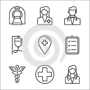 Medical line icons. linear set. quality vector line set such as doctor, cross, caduceus, verified, placeholder, infuse, doctor,