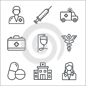 medical line icons. linear set. quality vector line set such as doctor, hospital, pill, caduceus, infuse, doctor bag, ambulance,