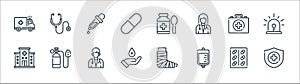 Medical line icons. linear set. quality vector line set such as , iv bag, blood donation, hospital, first aid kit, dropper, syrup