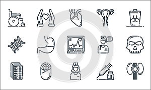 Medical line icons. linear set. quality vector line set such as kidney, nurse, pills, injection, child, dna, ovaries, health care